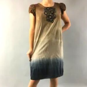 Kensie (Size L) Gradient Multicolored Puff Sleeve Ceramic Decor Shift Dress